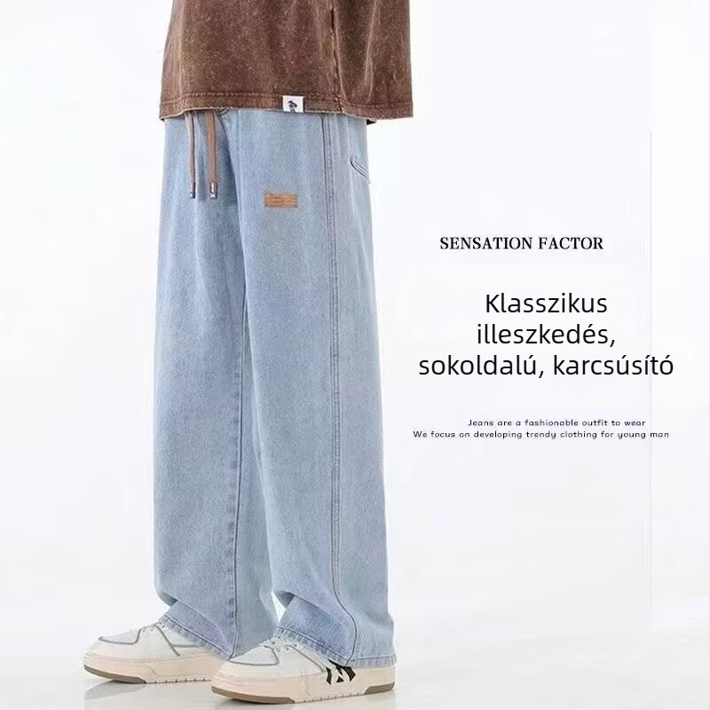 Férfi magas derekú denim farmer 70% pamut, húzókötős zárás, egyenes szárú, hip-hop casual stílus patch díszítéssel
