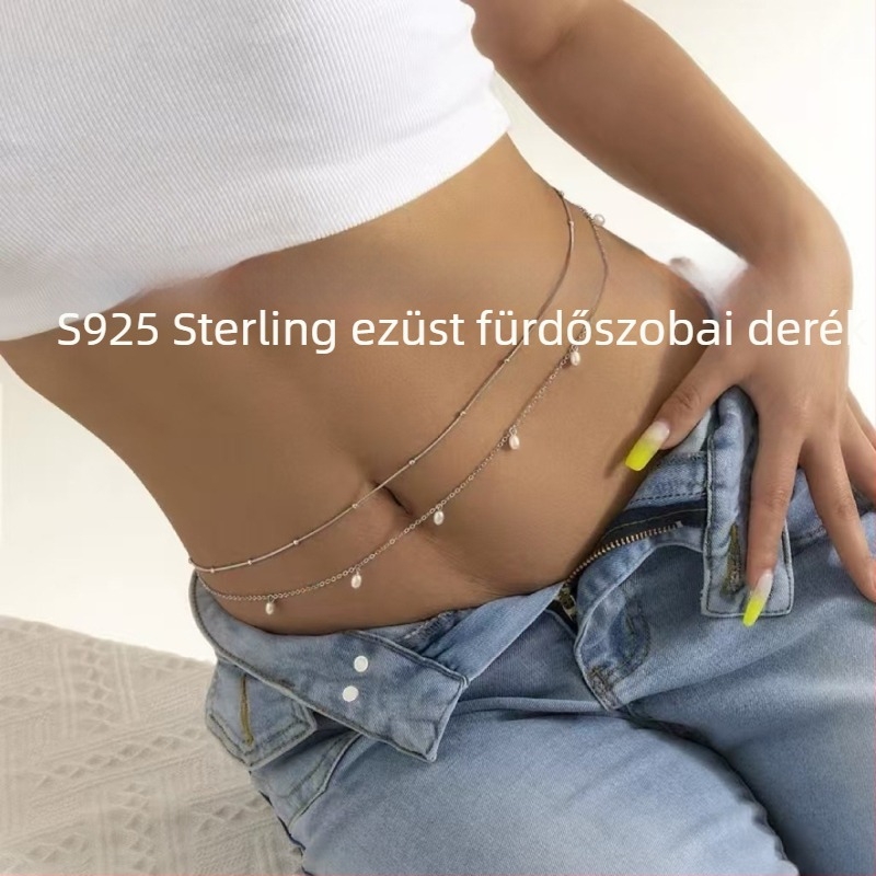 Csípőlánc gyöngyökkel, csillag alakú, kétszintes, ezüst 925