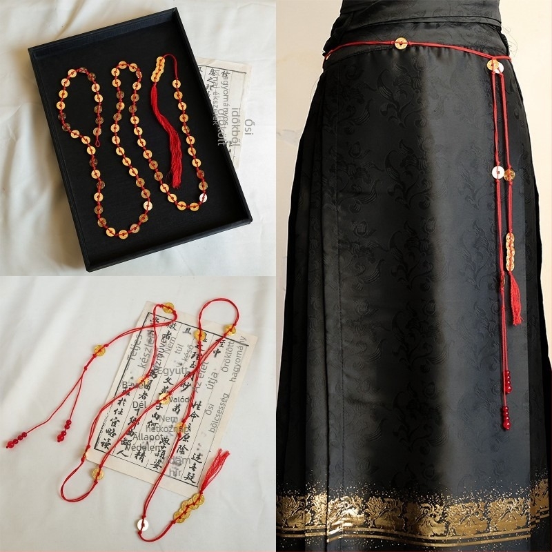 Hanfu derékszíj réz érmekkel és függőkkel, kézműves, kevert anyagok, uniszex etnikus stílus