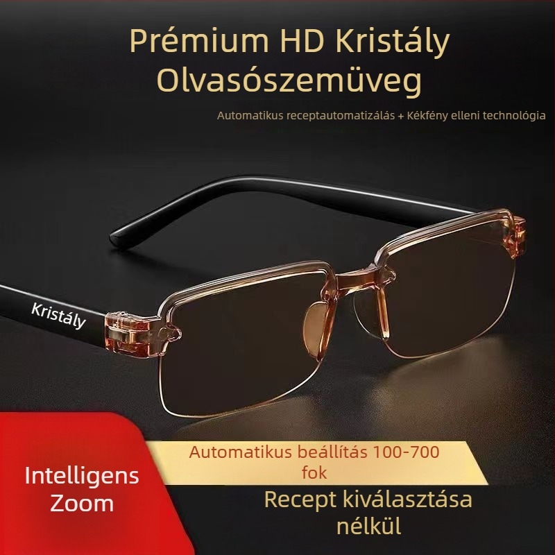 Presbiópia szemüveg, többszfokú lencsékkel, keret nélküli dizájn, négyszögletes keret, idős korosztály számára