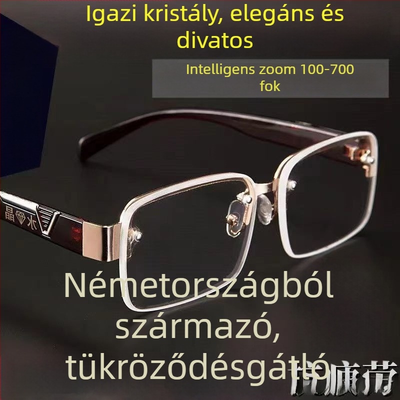 Presbiópia szemüveg, többszfokú lencsékkel, keret nélküli dizájn, négyszögletes keret, idős korosztály számára