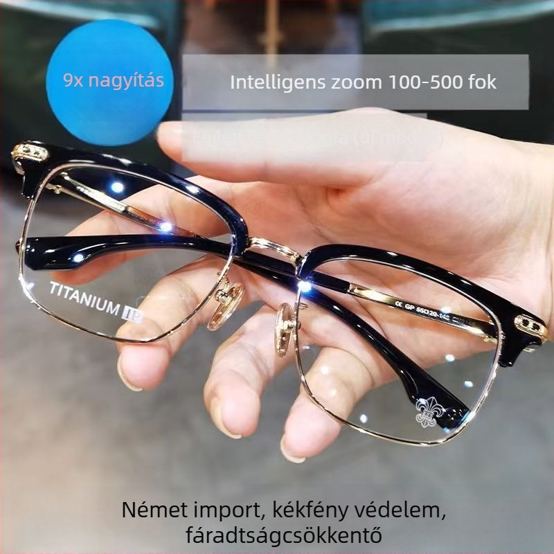 Intelligens olvasószemüveg automatikus fókuszállítással távolságra és közelre, műgyantából készült lencsék, keret nélküli kivitel, HD anti-kék fénylencsék