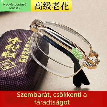 Presbiópia olvasószemüveg – üveglencsék, aszferikus lencse, fém teljes keret, négyzetes forma, retro stílus