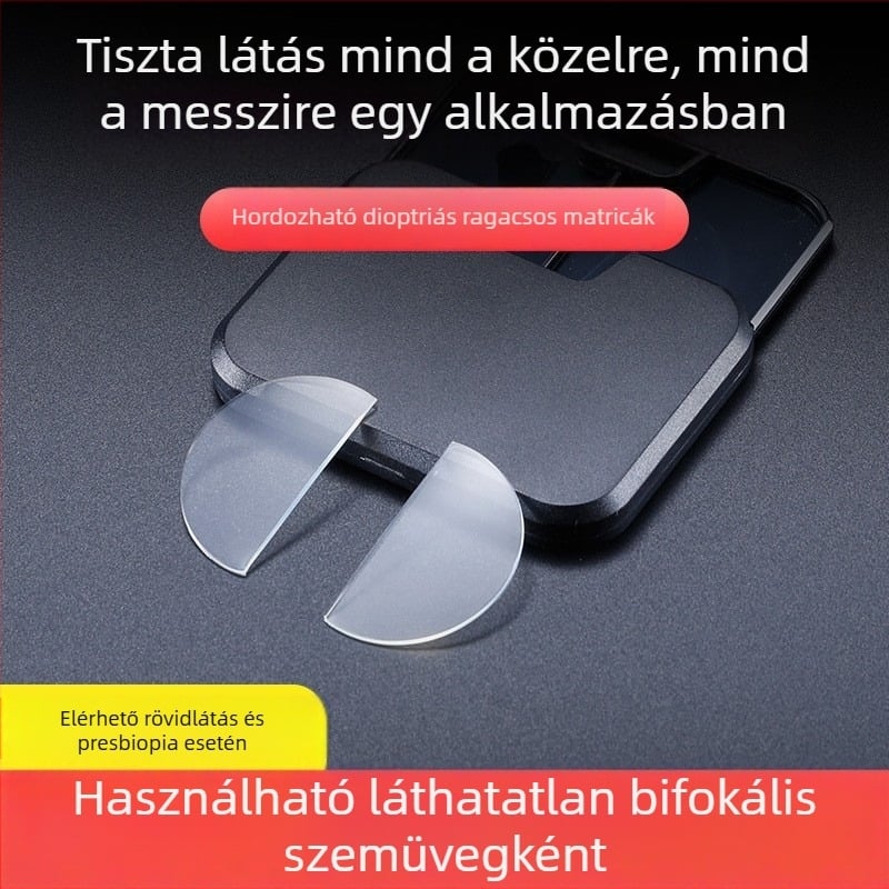 Olvasó szemüveg folyékony szilikon miopía patch-ekkel és presbiópia patch-ekkel, optikai minőségű ragasztóval; lencsék gyanta alapúak; távoli és közeli fókusz; keret kerek, műanyag és gyanta