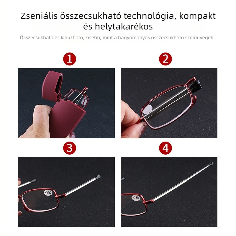 Összecsukható olvasószemüveg anti-kék fény védelemmel, uniszex, műanyag tokban, modell 8802, HD lencsék