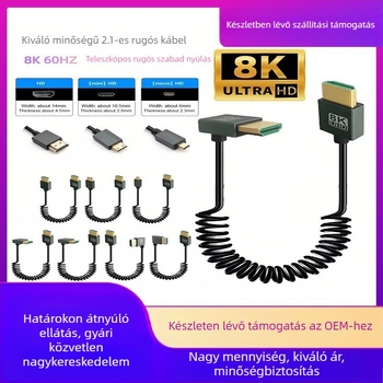 HDMI 2.1 ultra vékony teleszkópos rugós kábel oldalsó csatlakozóval, 1 m, 8K60Hz támogatás