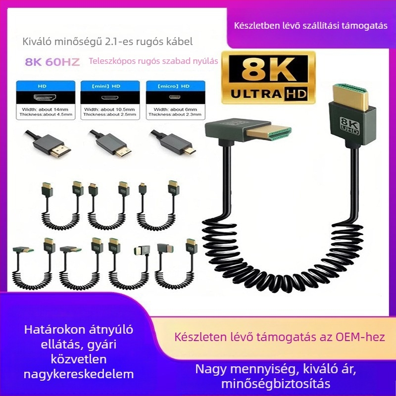 HDMI 2.1 ultra vékony teleszkópos rugós kábel oldalsó csatlakozóval, 1 m, 8K60Hz támogatás
