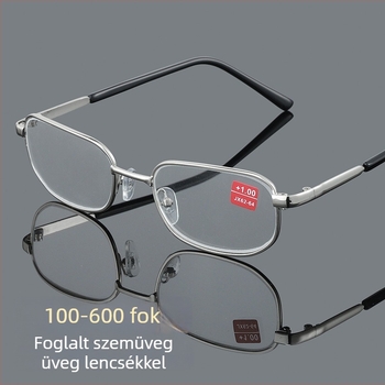 Olvasó szemüveg, üveg lencsék, 450–600 dioptria, kékfény elleni védelem, teljes fém keret
