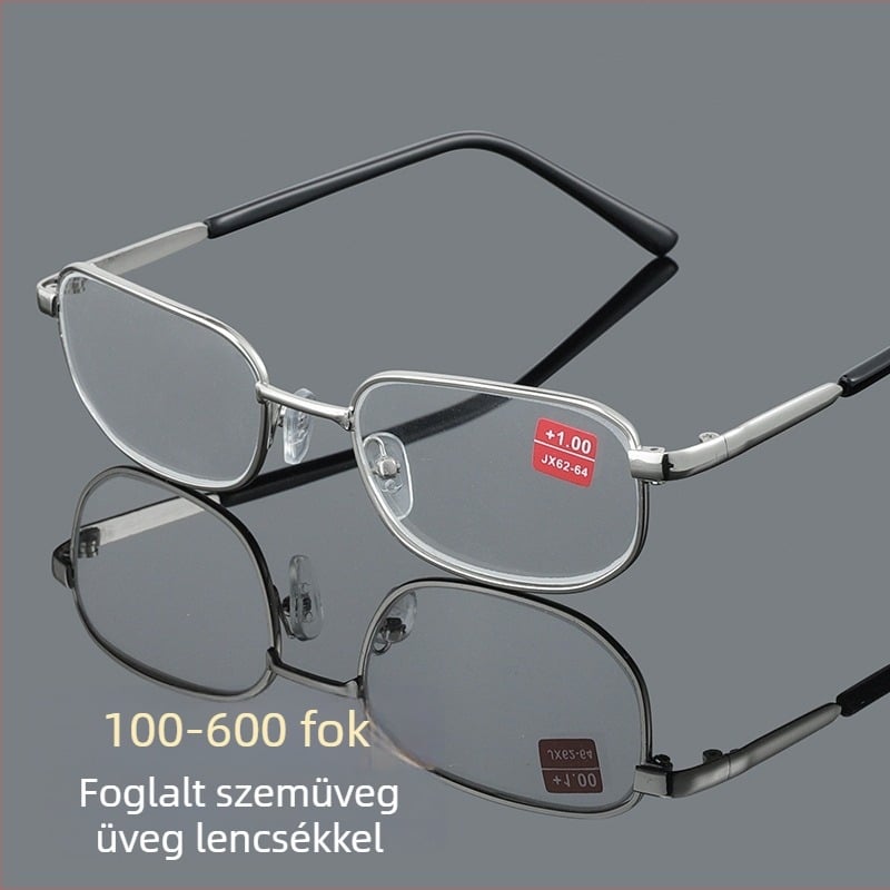 Olvasó szemüveg, üveg lencsék, 450–600 dioptria, kékfény elleni védelem, teljes fém keret