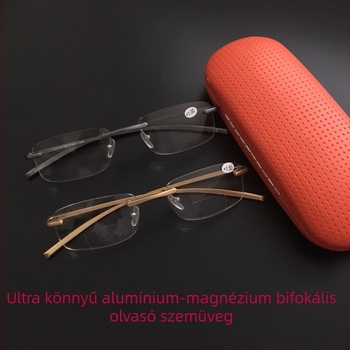 Keret nélküli olvasó szemüveg, alumínium-magnézium ötvözet keret, lencsék gyantából, távolra és közelre egyidejű használathoz, kékfény elleni védelem és UV védelem 023