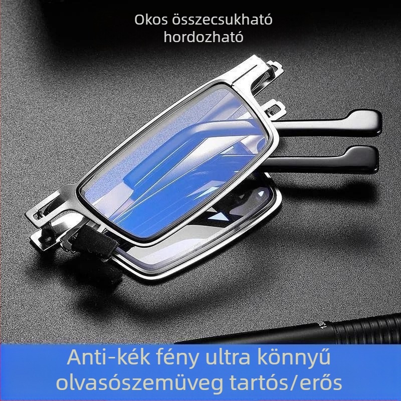 Presbyopiás szemüveg kékfény elleni védelemmel, összecsukható, négyszögletes fém keret, PC lencsékkel, felnőttek számára