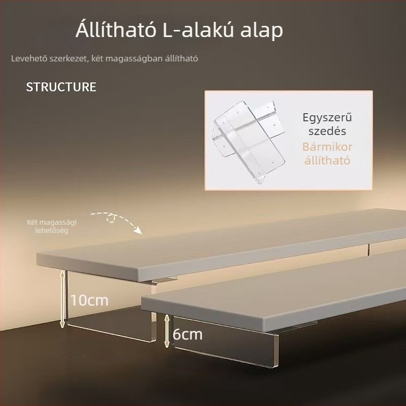 Irodai monitor-emelő állvány, forgó típusú, mesterséges lapból, felemeli a képernyőt és tároló rekesz van