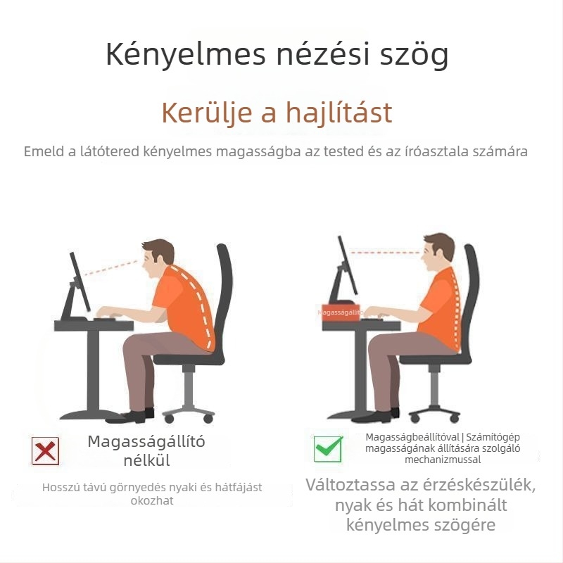 Irodai monitor-emelő állvány, forgó típusú, mesterséges lapból, felemeli a képernyőt és tároló rekesz van