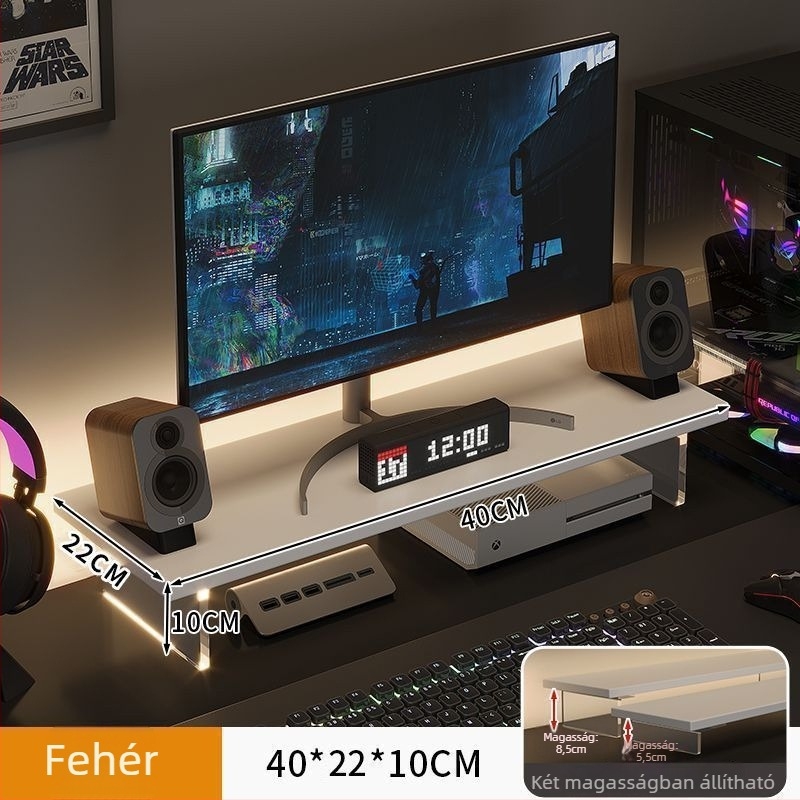 Irodai monitor-emelő állvány, forgó típusú, mesterséges lapból, felemeli a képernyőt és tároló rekesz van