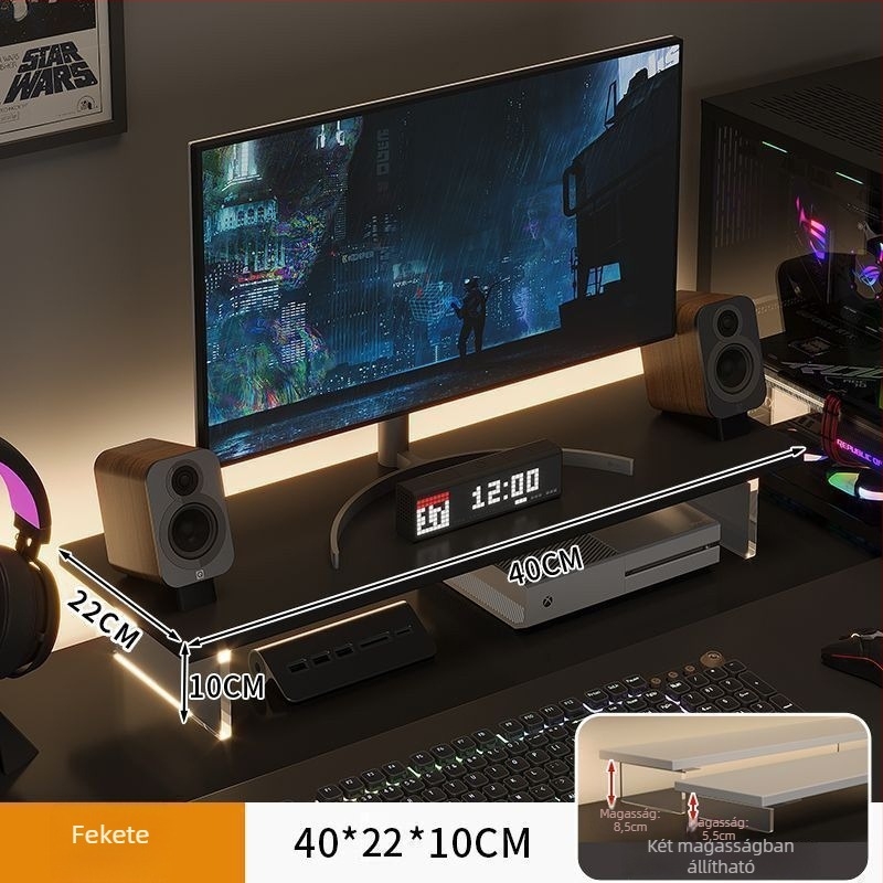 Irodai monitor-emelő állvány, forgó típusú, mesterséges lapból, felemeli a képernyőt és tároló rekesz van