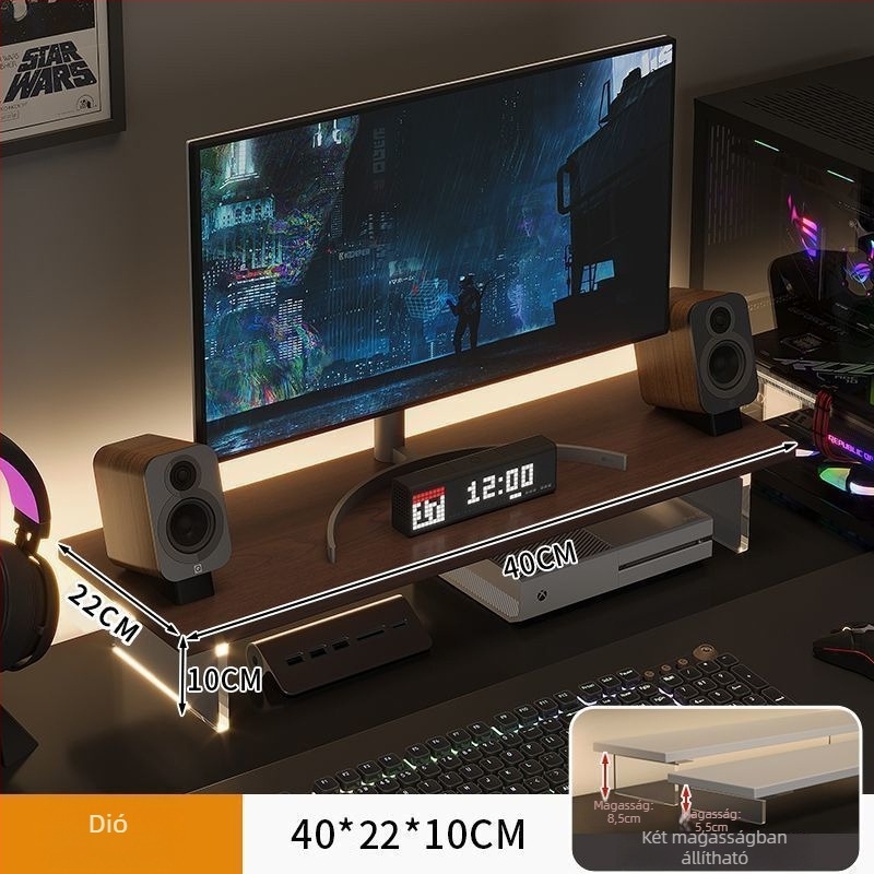 Irodai monitor-emelő állvány, forgó típusú, mesterséges lapból, felemeli a képernyőt és tároló rekesz van