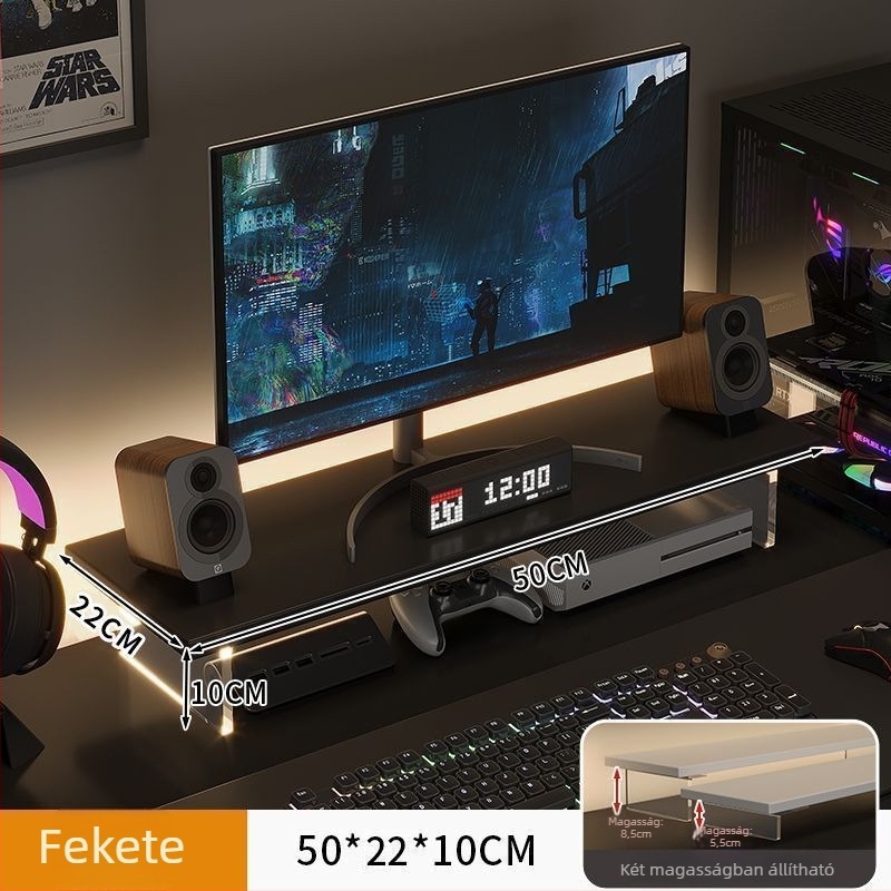 Irodai monitor-emelő állvány, forgó típusú, mesterséges lapból, felemeli a képernyőt és tároló rekesz van