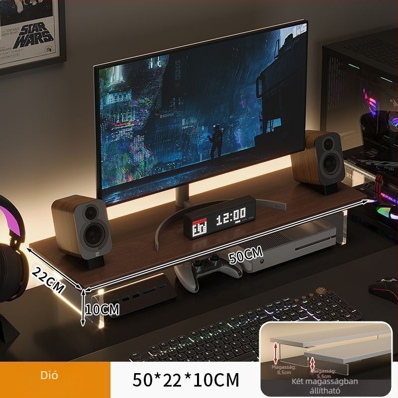 Irodai monitor-emelő állvány, forgó típusú, mesterséges lapból, felemeli a képernyőt és tároló rekesz van