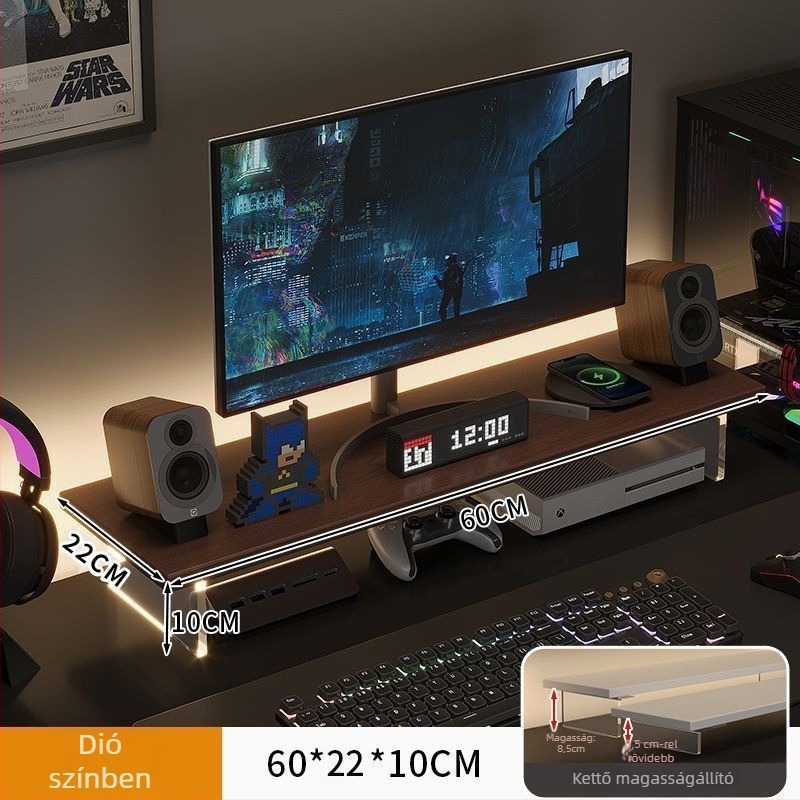 Irodai monitor-emelő állvány, forgó típusú, mesterséges lapból, felemeli a képernyőt és tároló rekesz van