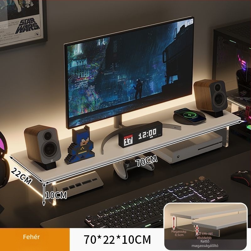 Irodai monitor-emelő állvány, forgó típusú, mesterséges lapból, felemeli a képernyőt és tároló rekesz van