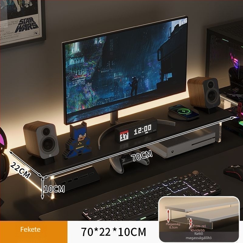 Irodai monitor-emelő állvány, forgó típusú, mesterséges lapból, felemeli a képernyőt és tároló rekesz van