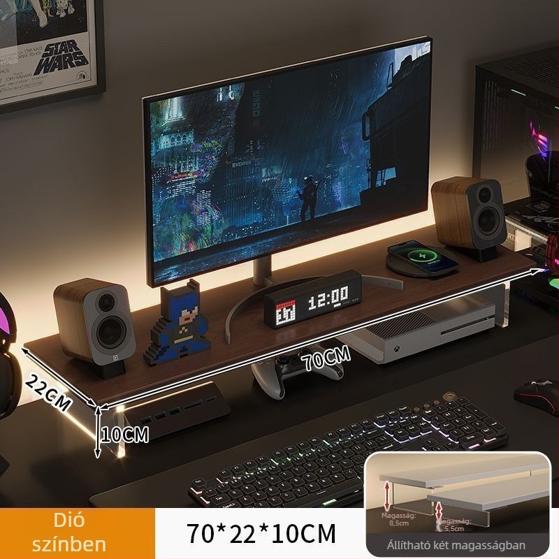 Irodai monitor-emelő állvány, forgó típusú, mesterséges lapból, felemeli a képernyőt és tároló rekesz van