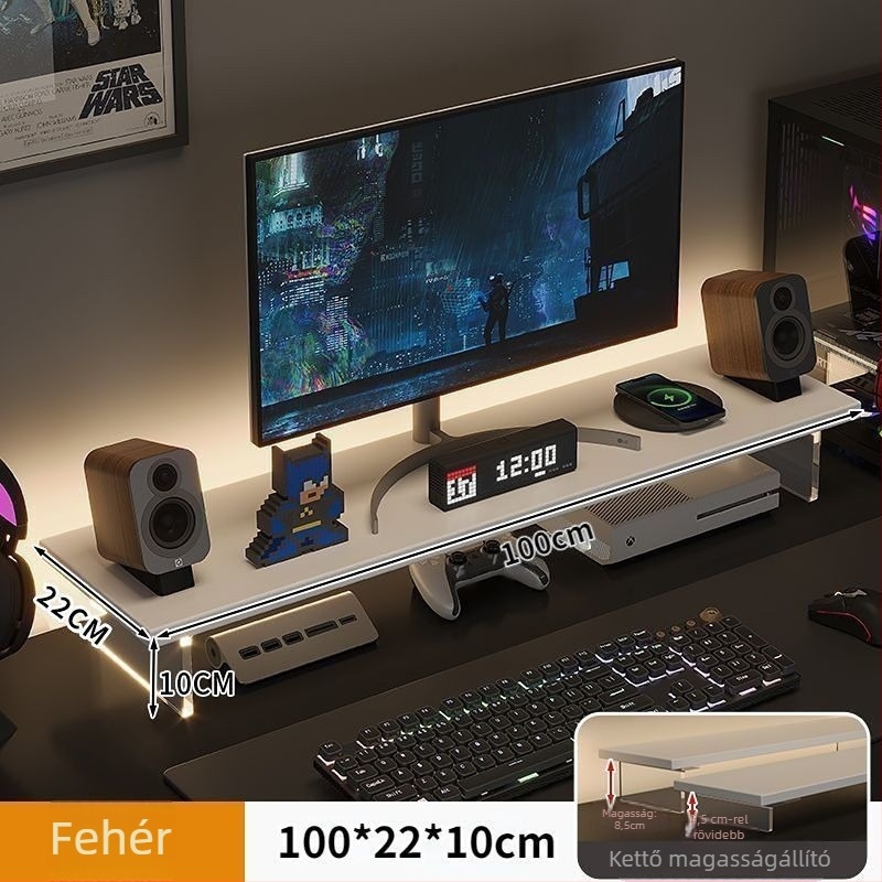 Irodai monitor-emelő állvány, forgó típusú, mesterséges lapból, felemeli a képernyőt és tároló rekesz van