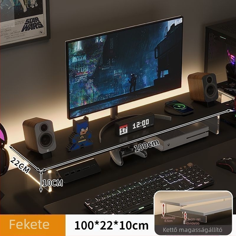 Irodai monitor-emelő állvány, forgó típusú, mesterséges lapból, felemeli a képernyőt és tároló rekesz van