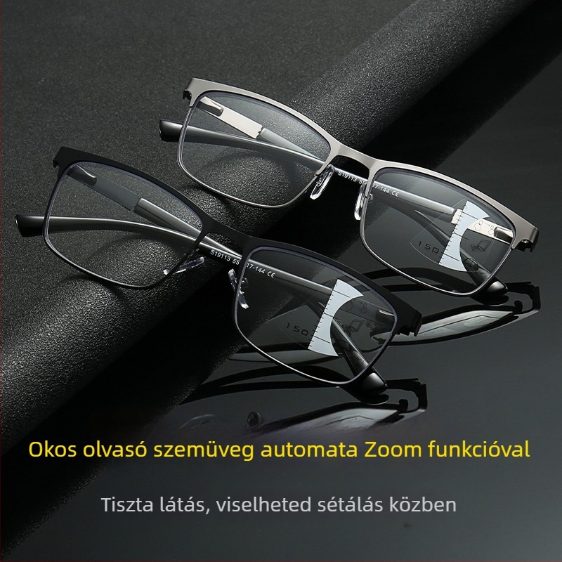 Olvasószemüveg multifokális progresszív lencsékkel, anti-kék fény, távoli és közeli kettős használat, automatikus zoom, fém keret