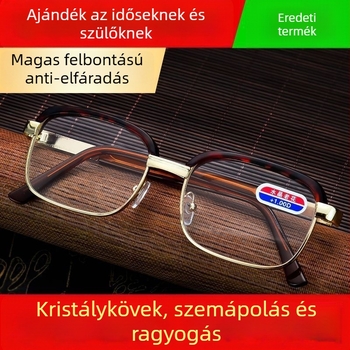 Presbiopikus szemüveg időseknek, négyzet alakú fémkeret, üveglencsék, kékfény védelem, szemfáradtság elleni védelem