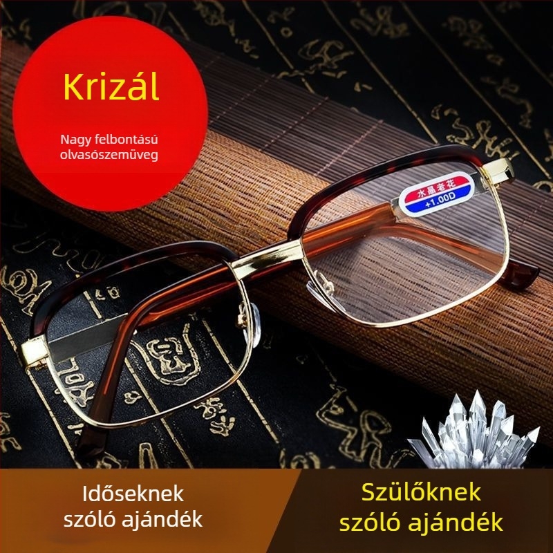 Presbiopikus szemüveg időseknek, négyzet alakú fémkeret, üveglencsék, kékfény védelem, szemfáradtság elleni védelem