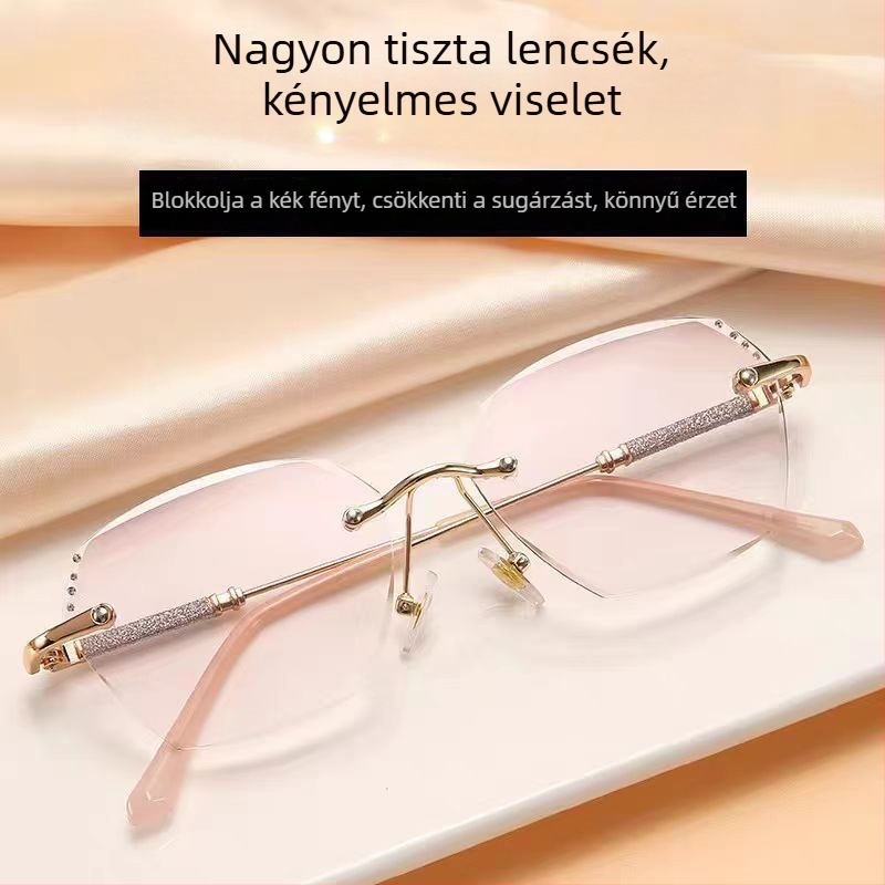 Rim nélküli olvasó szemüveg, fém keret, AC lencsék, anti-kék fény, UV védelem