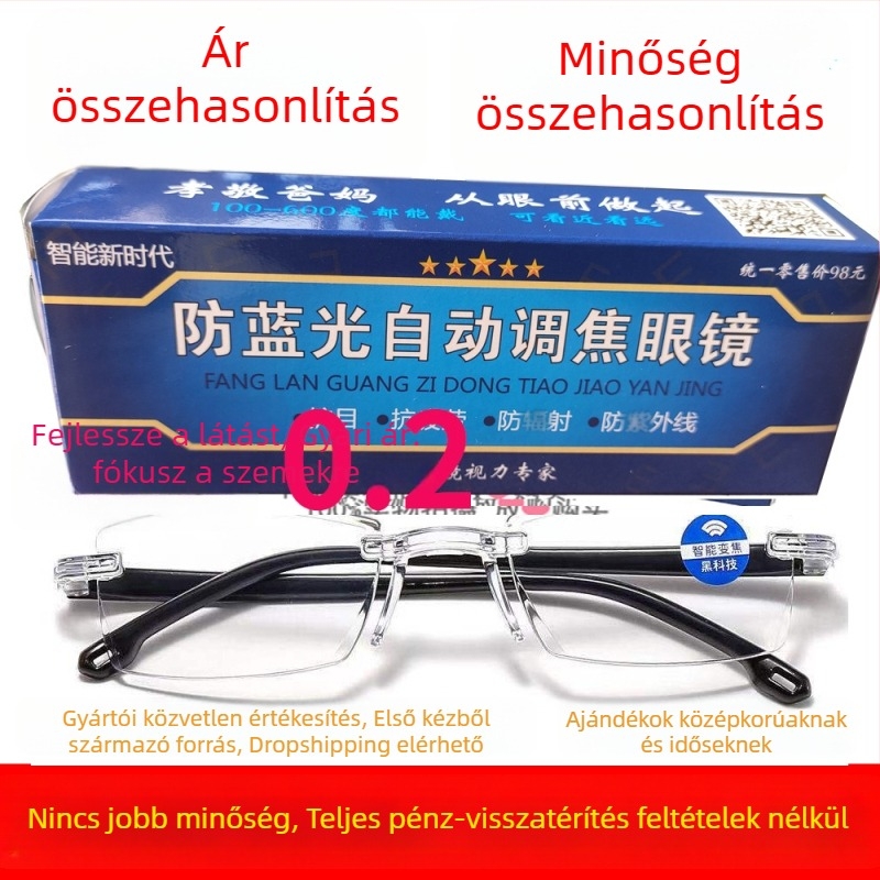 Nélkül keretű olvasó szemüveg automata fókuszálással és intelligens zoommal, UV-álló, páramentes, többfókuszú lencsékkel közelre és távolra
