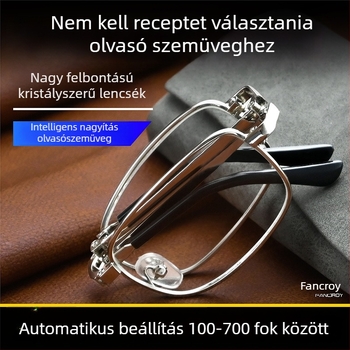 Divatos, hordozható összecsukható presbopikus szemüveg HD kristályüveggel és automatikus dioptria beállítással, vintage stílusú négyzetes fémkeretű szemüveg időseknek