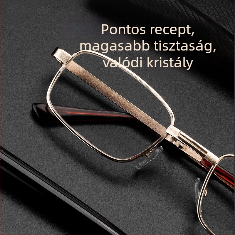 Természetes kristály olvasószemüveg férfiaknak, hordozható hajtogatható négyszögletes fém keret, aszférikus lencsék, elegáns és divatos