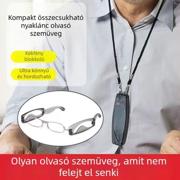 Olvasó szemüveg, nyakba akasztós, kékfény védelem, teljes keret, fém keret