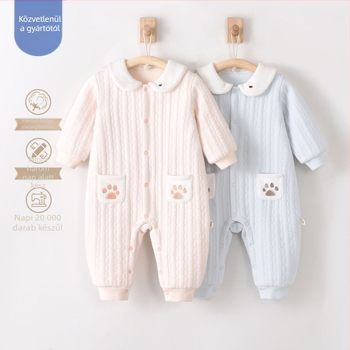 Újszülött pamut tömött overál, hosszú ujjú, kapucni nélküli, 100% pamut külső, belső töltet 30% pamut/70% poliészter, téli