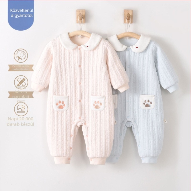 Újszülött pamut tömött overál, hosszú ujjú, kapucni nélküli, 100% pamut külső, belső töltet 30% pamut/70% poliészter, téli