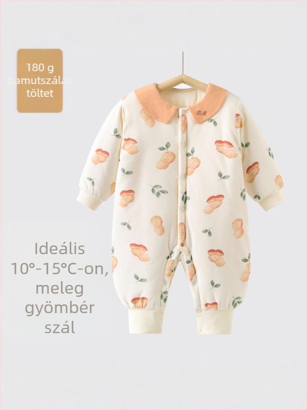 100% pamut baba overál, 180 g töltet, hosszú ujjú, kapucni nélküli, elöl egy soros zárás