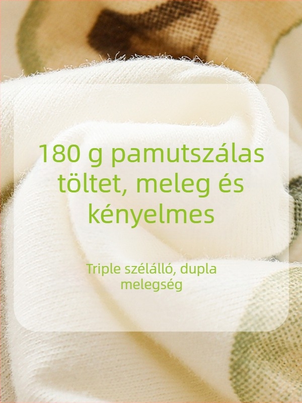 100% pamut baba overál, 180 g töltet, hosszú ujjú, kapucni nélküli, elöl egy soros zárás