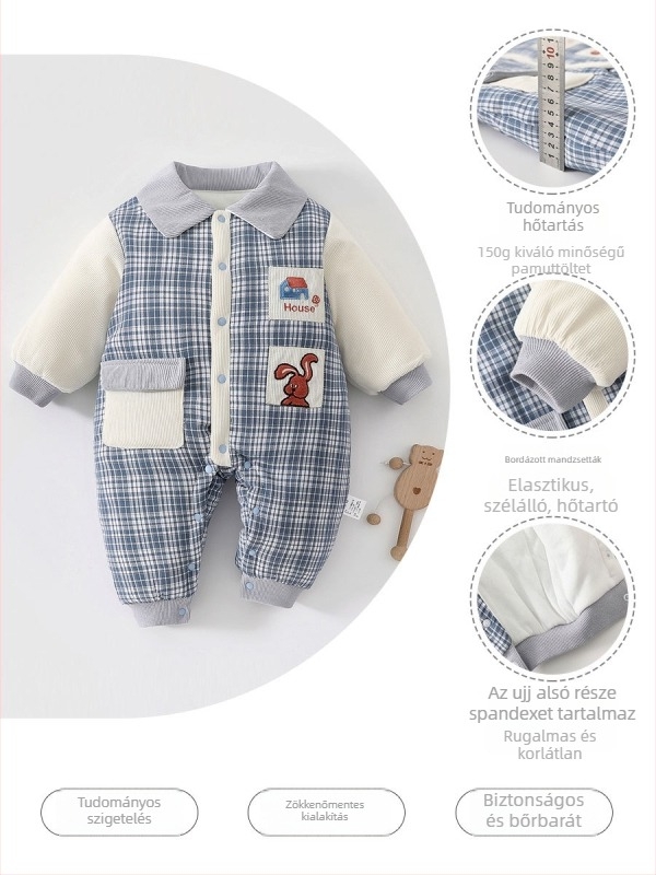 Pamut bébi overál téli 150 g béleléssel, hosszú ujjú, uniszex, újszülötteknek (0-12 hónap)