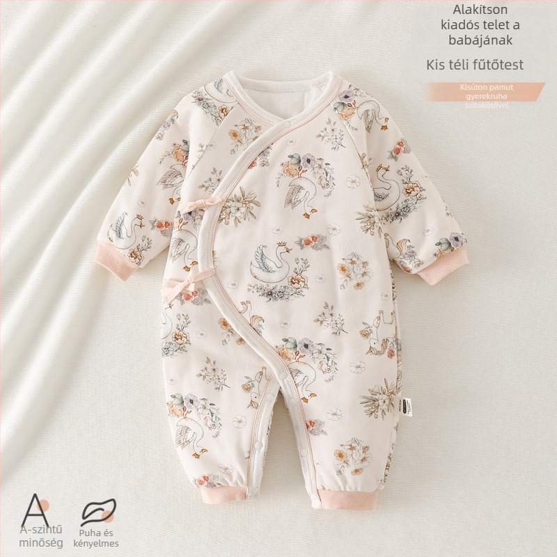 Újszülött baba overál 100% pamutból, 200 g quilt-töltet, hosszú ujjú, elöl kötős zárás, pillangó mintával