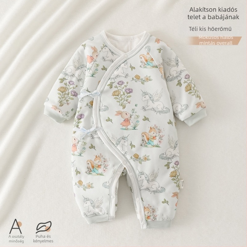 Újszülött baba overál 100% pamutból, 200 g quilt-töltet, hosszú ujjú, elöl kötős zárás, pillangó mintával