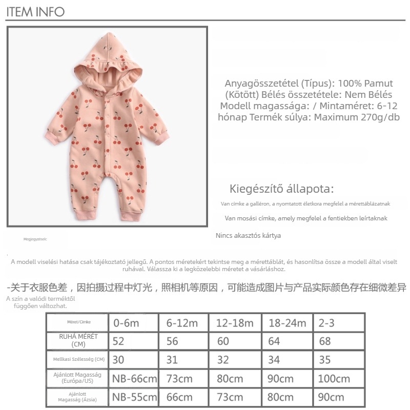 Pamut fleece overál cseresznyés mintával, hosszú ujjú, újszülötteknek, kapucni rögzített