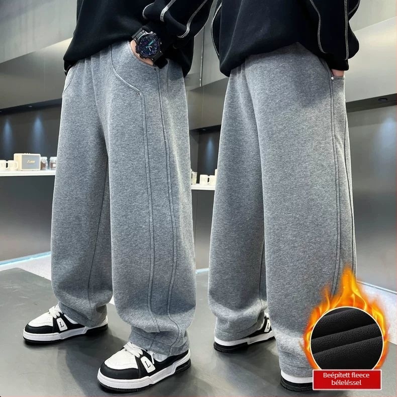 Fleece-béléssel ellátott fiú nadrág, ősz-tél 2026, laza és meleg, széles szabású, nagyobb gyermekeknek