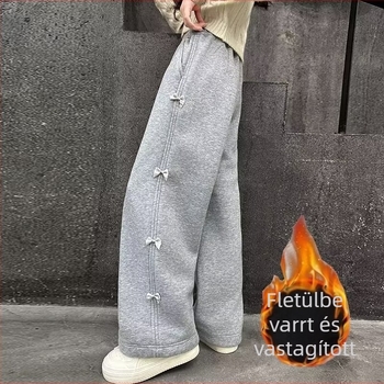 Gyerekeknek készült fleecével bélelt koreai stílusú casual nadrág, poliészter 95%+, magas derekú, elasztikus, hosszú