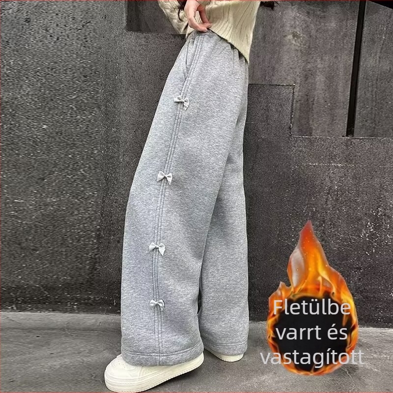 Gyerekeknek készült fleecével bélelt koreai stílusú casual nadrág, poliészter 95%+, magas derekú, elasztikus, hosszú