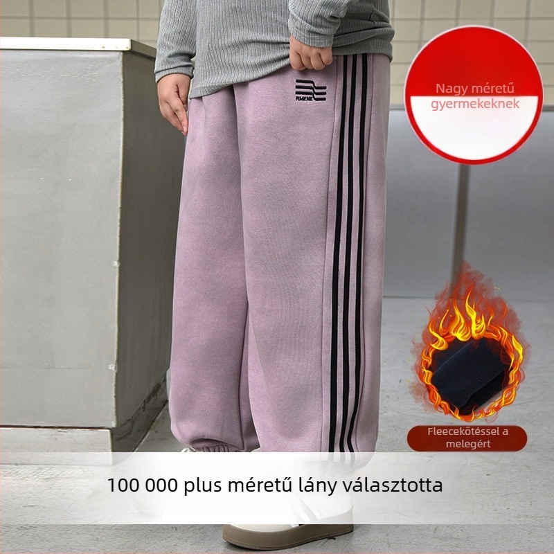 Lányoknak szóló plusz méretű pamut melegítőnadrág fleece béléssel, magas derekú, csíkos és betűs mintával, őszi-téli 2025