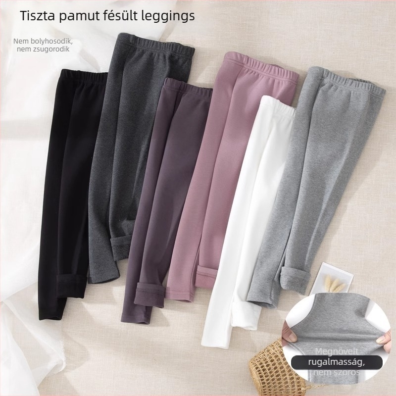 Lányoknak készült pamut leggings bolyhos belsővel, vastagabb a tavasz/ősz és őszi-téli viseléshez, egyszínű fehér vagy fekete, 3–8 éveseknek