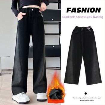 Lányoknak készült denim széles szárú nadrág fleece-béléssel, középmagas derékkal, elasztikus derék, koreai stílus, 65% pamut